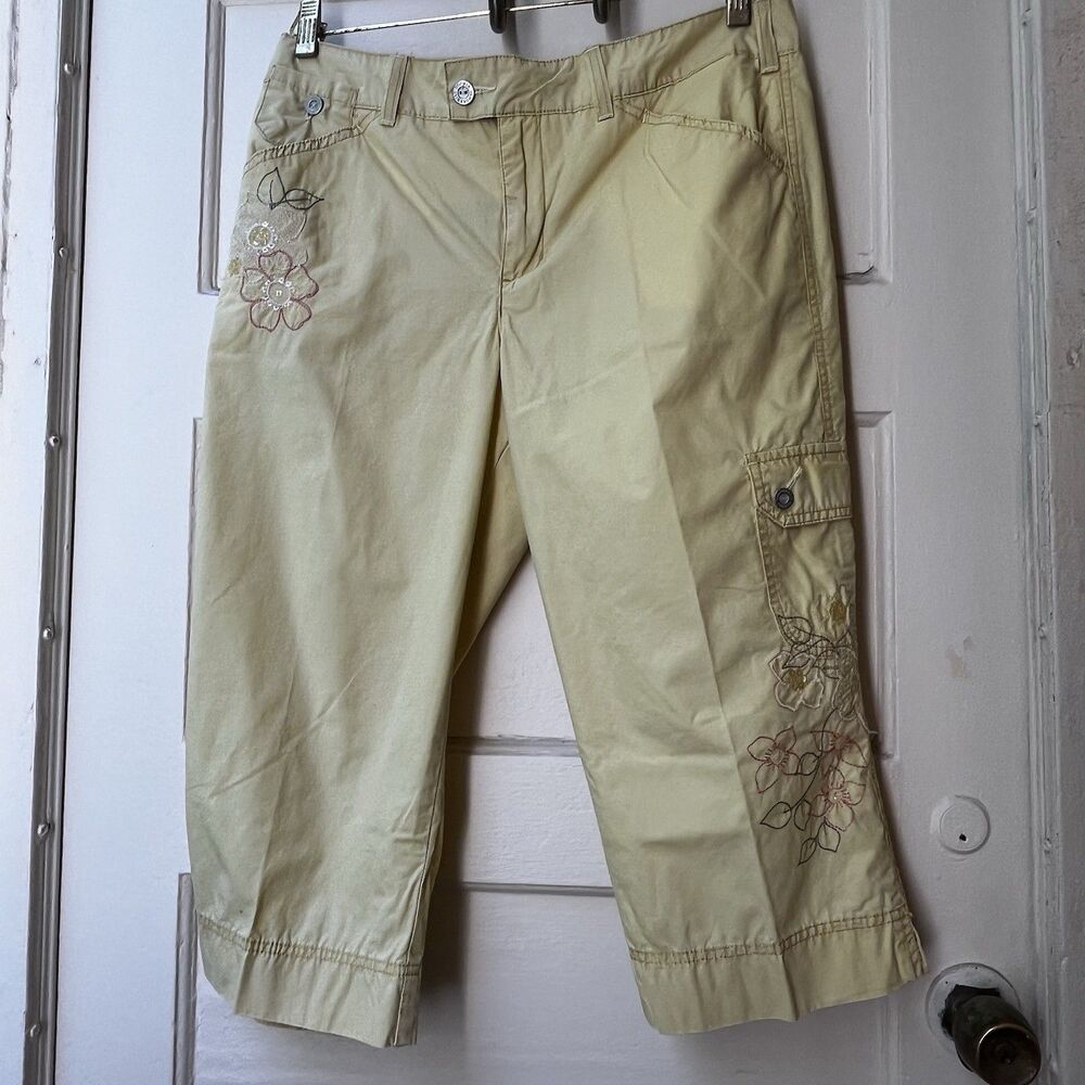 Vtg Yellow Floral Cargo Capris 12P Boho Beaded Cotton Earthy Hippie Peasant Moon